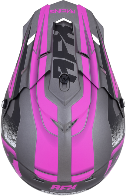 AFX FX-17 Force helmet in frost gray and fuchsia, medium size, with aerodynamic design and secure chin strap.