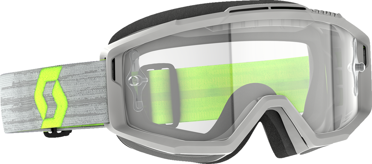 Scott Split OTG goggles by Bill's Exhausts, gray and yellow motorcycle goggles with clear lenses for engine protection.