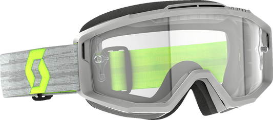 Scott Split OTG goggles by Bill's Exhausts, gray and yellow motorcycle goggles with clear lenses for engine protection.