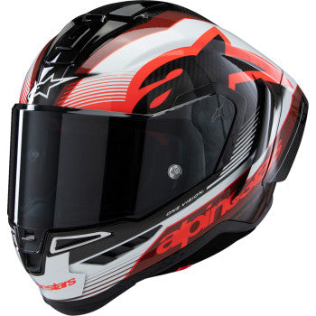 Alpinestars Supertech R10 racing helmet in black, carbon red, and gloss white with 2XL size, shown from a side angle.
