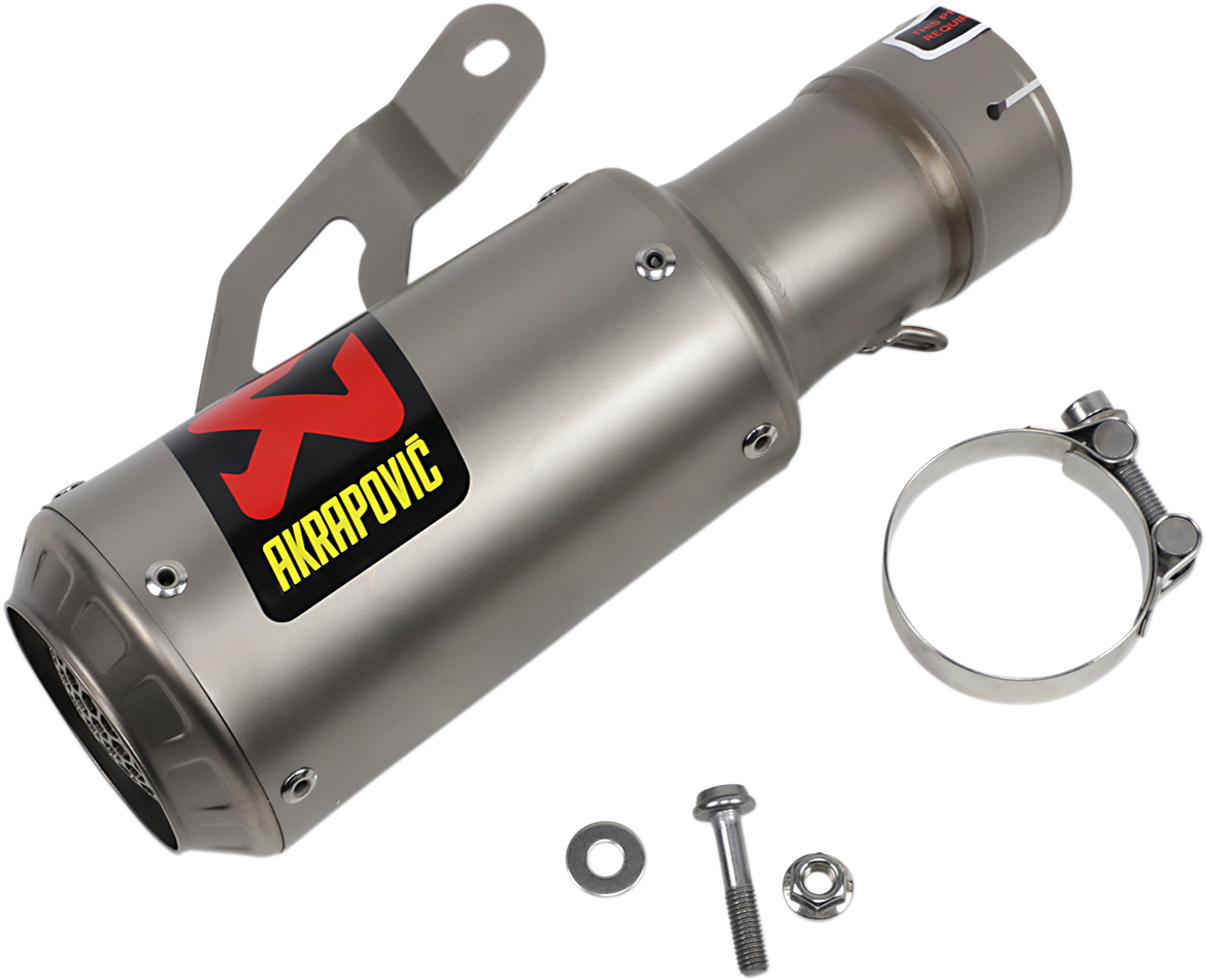 AKRAPOVIC slip-on titanium muffler for BMW S1000RR motorcycle, featuring sleek metal finish and compact design.