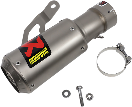 AKRAPOVIC slip-on titanium muffler for BMW S1000RR motorcycle, featuring sleek metal finish and compact design.