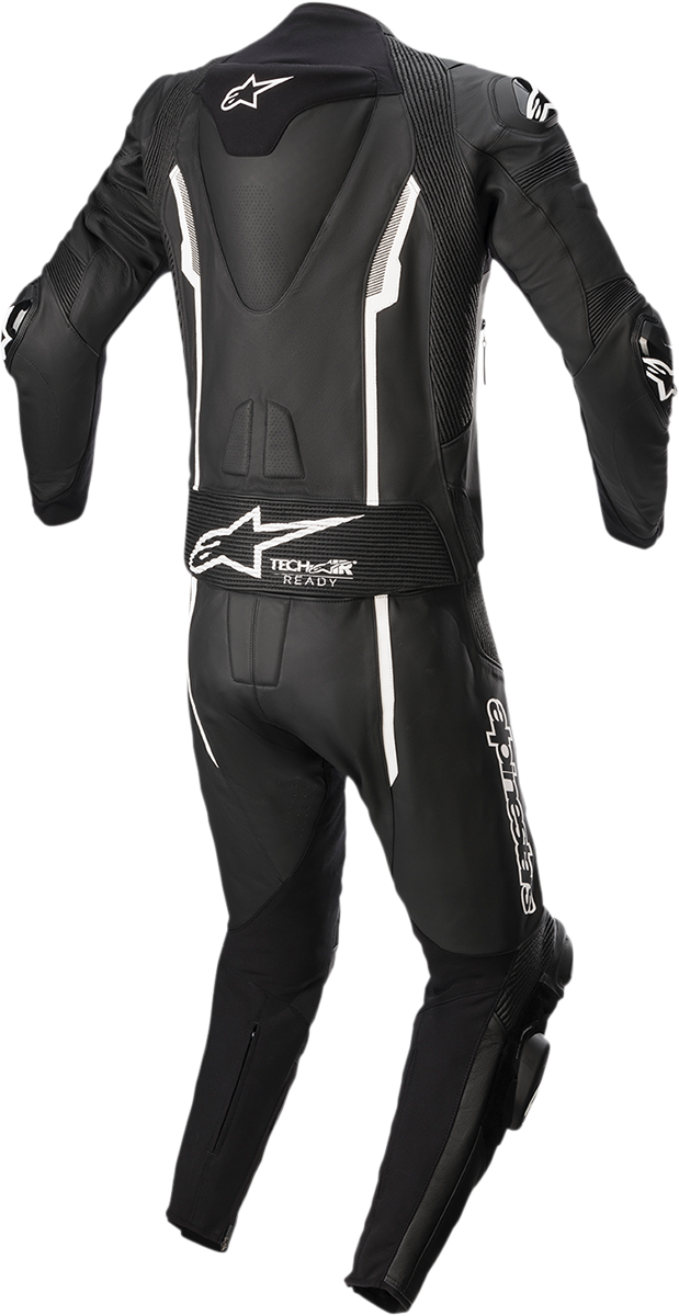 Alpinestars Missile v2 2-piece leather motorcycle suit in black, white, and gray, size US 40 / EU 50, displayed on a plain background.