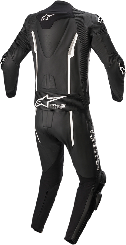 Alpinestars Missile v2 2-piece leather motorcycle suit in black, white, and gray, size US 40 / EU 50, displayed on a plain background.