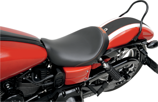 Bill's Exhausts Solo Seat for Dyna motorcycles, black leather seat with sleek design and cushioned comfort.