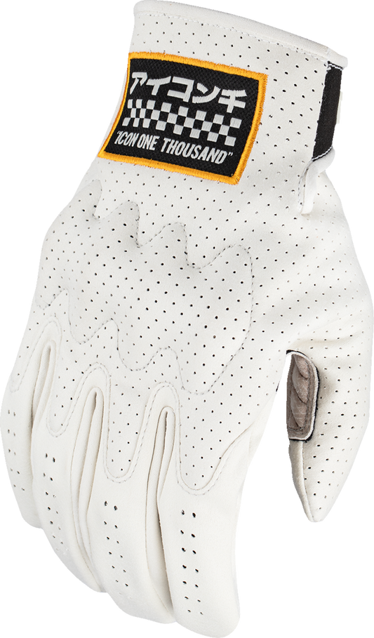 White ICON Airform Slabtown™ gloves in 3XL size, showing padded design and breathable material from Bill's Exhausts.