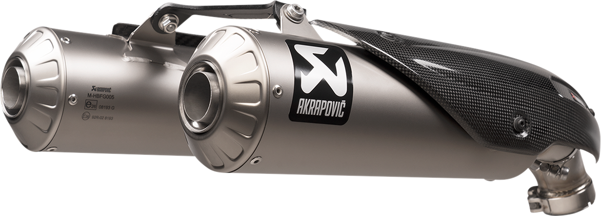 AKRAPOVIC slip-on muffler in titanium with model S-D11SO13-HBFGT, designed for motorcycle performance enhancement.