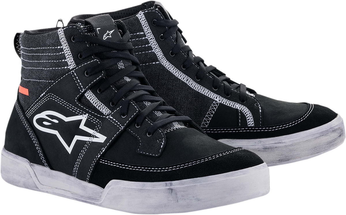 Alpinestars Ageless motorcycle shoes in black and white leather and synthetic materials, US size 12, street-style design.