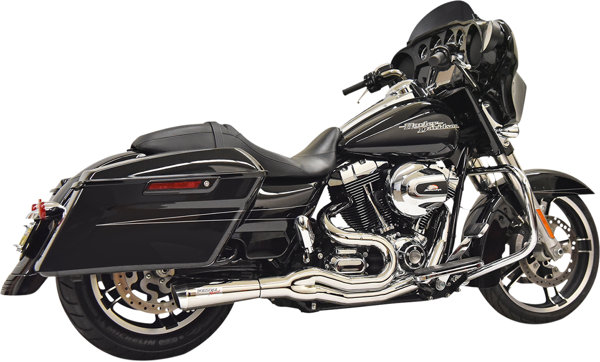 Chrome Bassani Xhaust 2:1 exhaust system with part number 1F61C, featuring polished metal pipes and sturdy mounting brackets.