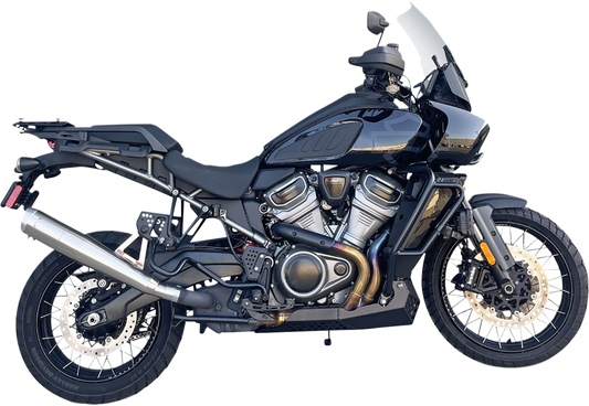 BASSANI XHAUST 4-inch stainless steel slip-on exhaust with silver finish, featuring sleek design and polished surface for motorcycle.