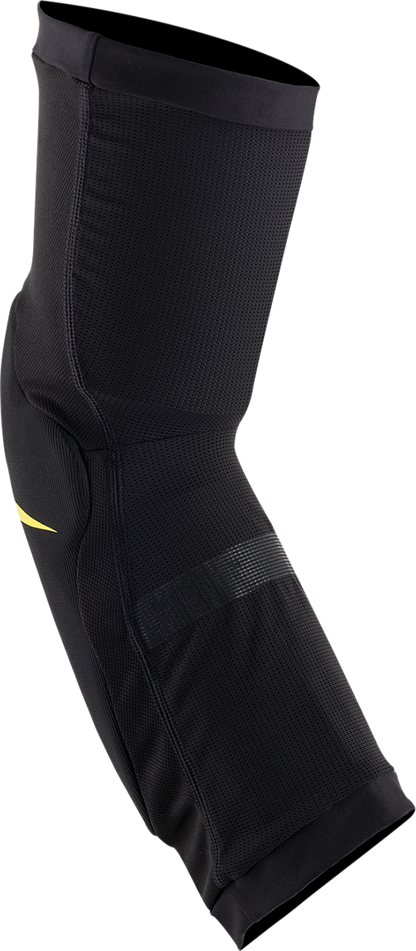 Alpinestars Paragon Plus knee protectors in black, large size, with adjustable straps and protective padding for motorcycle riding.