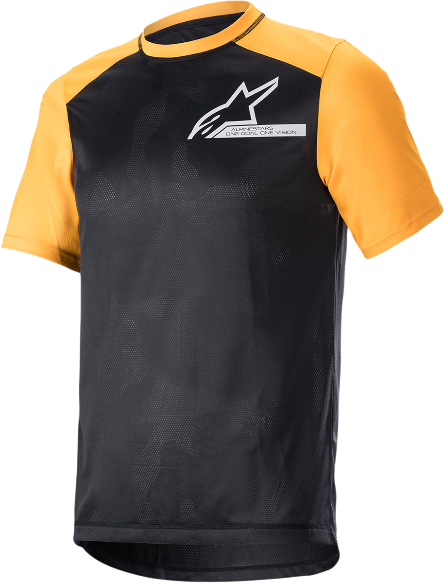 Alpinestars Alps 4.0 V2 short-sleeve motocross jersey in black, tangerine, and white, medium size, featuring bold design and breathable fabric.