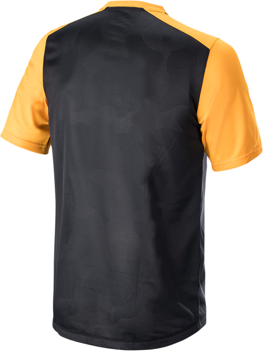 Alpinestars Alps 4.0 V2 short-sleeve jersey in black, tangerine, and white, size medium, featuring breathable fabric and sporty design.