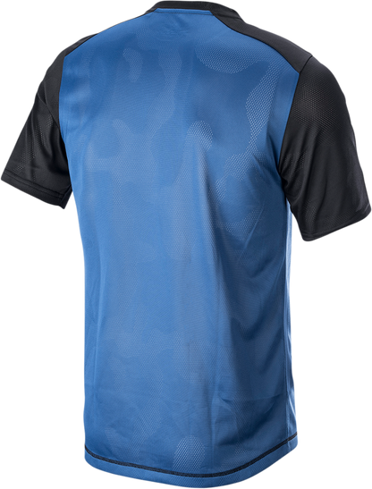 Alpinestars Alps 4.0 V2 short-sleeve jersey in blue, black, and light gray, 2XL, with breathable fabric and sporty design.