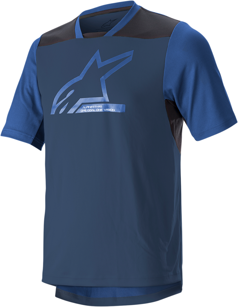 Alpinestars Drop 6.0 V2 short-sleeve motorcycle jersey in midnight blue and black, size XL, with breathable fabric and logo details.