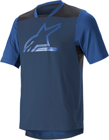 Alpinestars Drop 6.0 V2 short-sleeve motorcycle jersey in midnight blue and black, size XL, with breathable fabric and logo details.