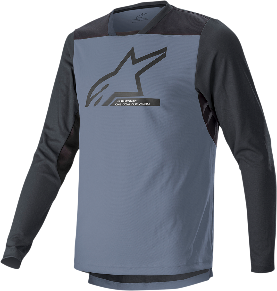 Alpinestars Drop 6.0 V2 long-sleeve motorcycle jersey in black and gray, size large, featuring breathable fabric and branding.
