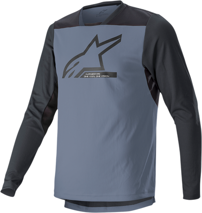 Alpinestars Drop 6.0 V2 long-sleeve motorcycle jersey in black and gray, size large, featuring breathable fabric and branding.