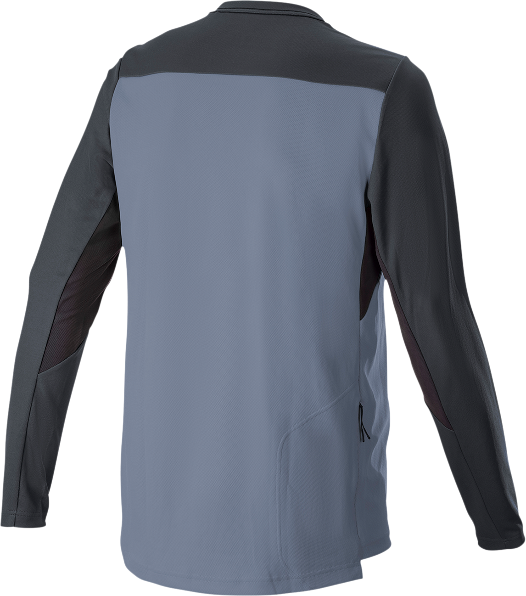 Alpinestars Drop 6.0 V2 long-sleeve motocross jersey in black and gray, size large, featuring breathable fabric and brand logo.