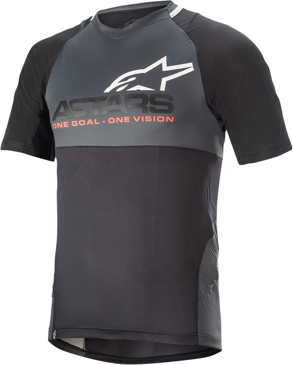 Alpinestars Drop 8.0 short-sleeve jersey in black and coral, designed for enduro riding performance, size XL.