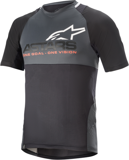 Alpinestars Drop 8.0 short-sleeve jersey in black and coral, designed for enduro riding performance, size XL.