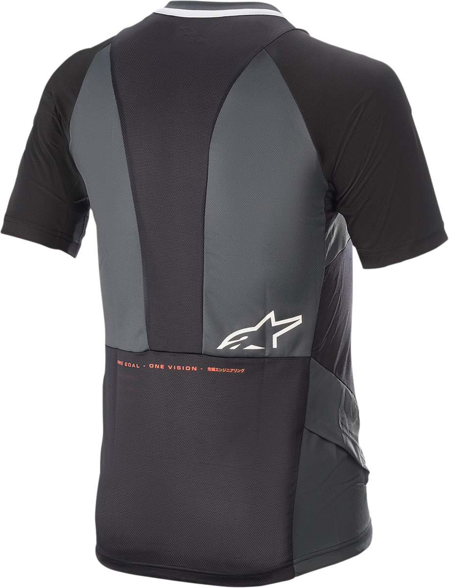 Alpinestars Drop 8.0 short-sleeve jersey in black and coral, designed for enduro riding performance, size XL.