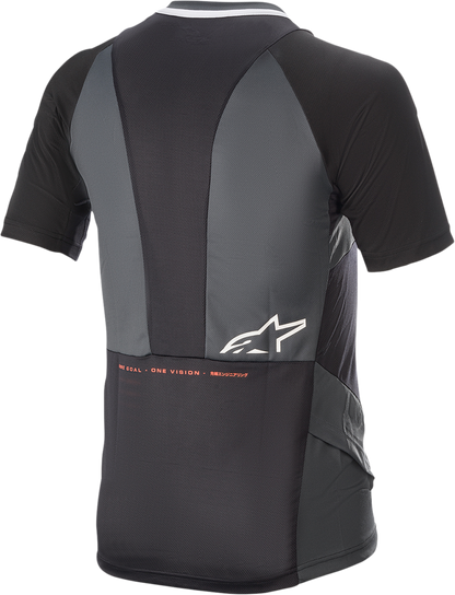Alpinestars Drop 8.0 short-sleeve jersey in black and coral, designed for enduro riding performance, size XL.