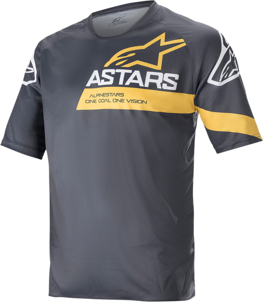 Alpinestars Racer V3 short-sleeve motorcycle jersey in anthracite and yellow, XL size, featuring breathable fabric and sporty design.