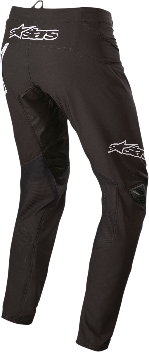 Black Alpinestars Techstar motorcycle pants with multi-panel design, breathable ventilation, and protective features, US size 36.