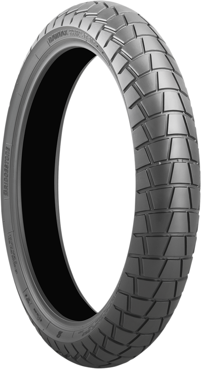 Bridgestone Battlax Adventure Trail AT41 front motorcycle tire 100/90-19 for dual sport and adventure riding, featuring rugged tread.