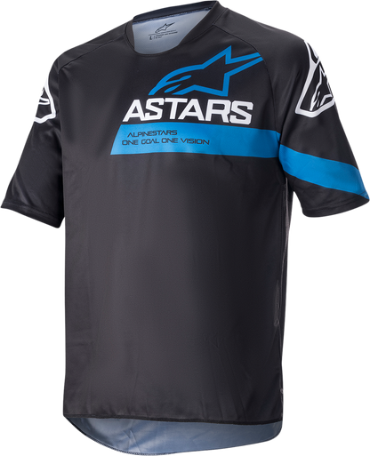 Alpinestars Racer V3 short-sleeve motorcycle jersey in black and bright blue, small size, featuring breathable fabric and sporty design.