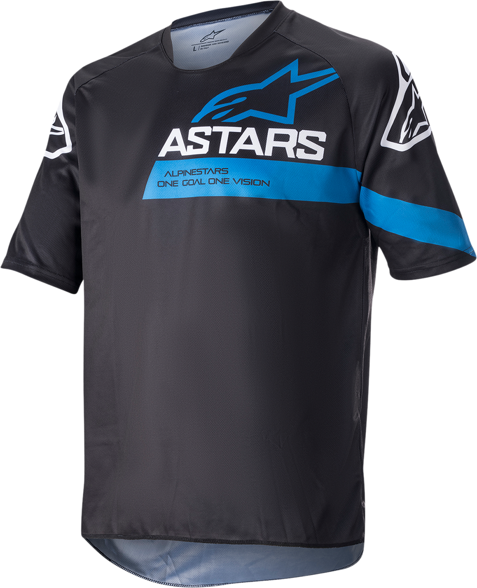 Alpinestars Racer V3 short-sleeve motorcycle jersey in black and bright blue, size large, featuring sporty design and breathable fabric.