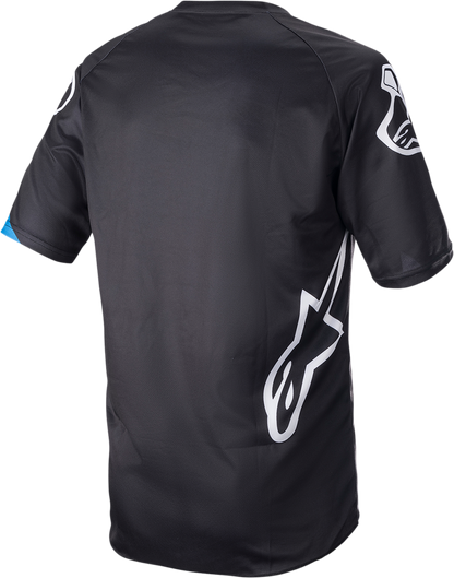 Alpinestars Racer V3 short-sleeve motorcycle jersey in black and bright blue, size small, with branded logo and vibrant design.