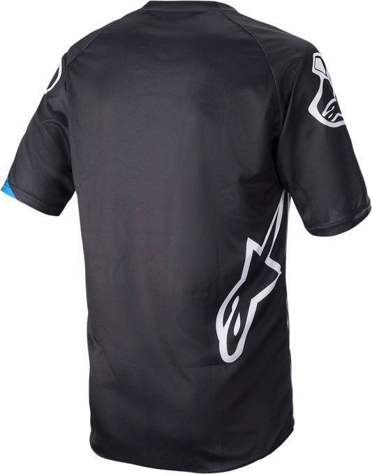 Alpinestars Racer V3 short-sleeve motorcycle jersey in black and bright blue, size small, with branded logo and vibrant design.