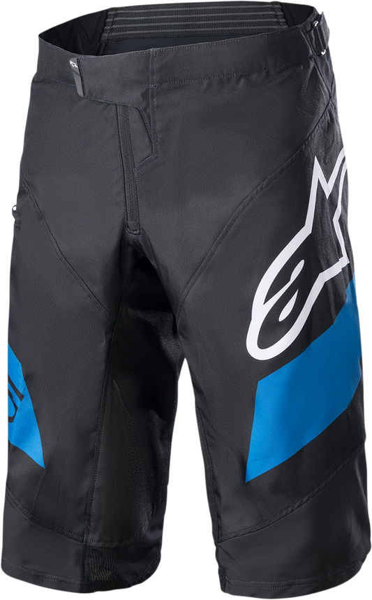 Alpinestars Racer Shorts in black and blue, US size 32, featuring sporty design and durable fabric for motorcycle riding.