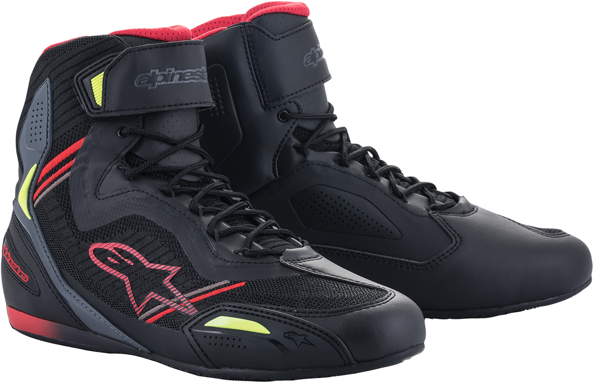 Alpinestars Faster-3 Rideknit cycling shoes in black, red, and yellow with US 11 / EU 44 size, featuring breathable knit upper and sporty design.