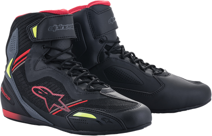 Alpinestars Faster-3 Rideknit cycling shoes in black, red, and yellow with US 11 / EU 44 size, featuring breathable knit upper and sporty design.