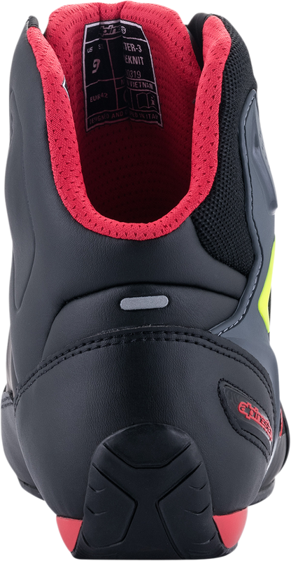 Alpinestars Faster-3 Rideknit cycling shoes in black, red, and yellow with US 11 / EU 44 size, featuring breathable Rideknit material.