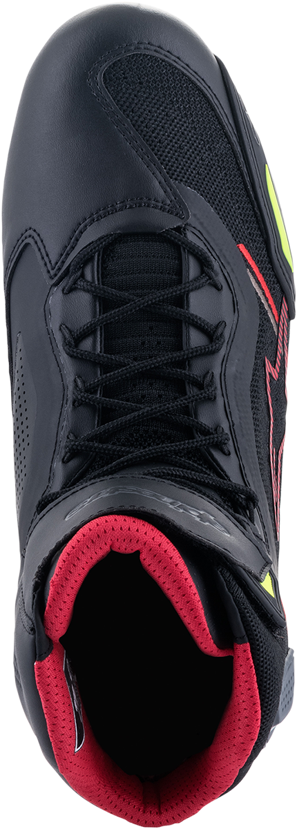 Alpinestars Faster-3 Rideknit cycling shoes in black, red, and yellow with US 11 / EU 44 size, shown from the side view.