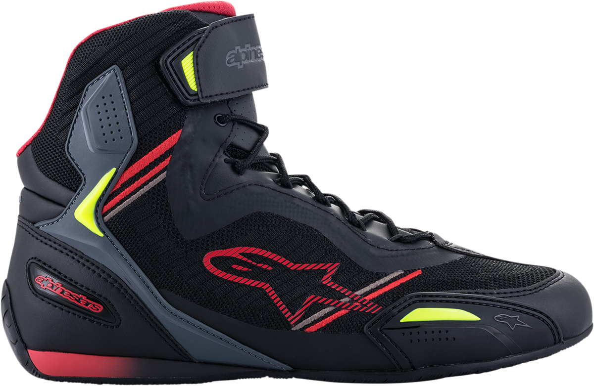 Alpinestars Faster-3 Rideknit cycling shoes in black, red, and yellow with US 11 / EU 44 size, featuring breathable rideknit material.