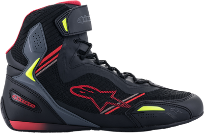Alpinestars Faster-3 Rideknit cycling shoes in black, red, and yellow with US 11 / EU 44 size, featuring breathable rideknit material.
