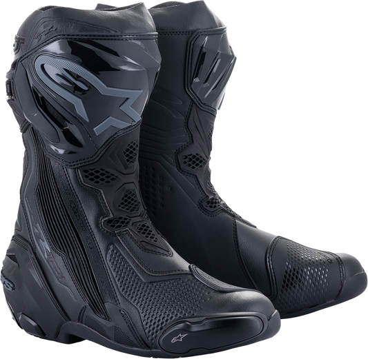 Alpinestars Supertech R motorcycle boots in black, US 12, featuring protective design and racing-inspired details.