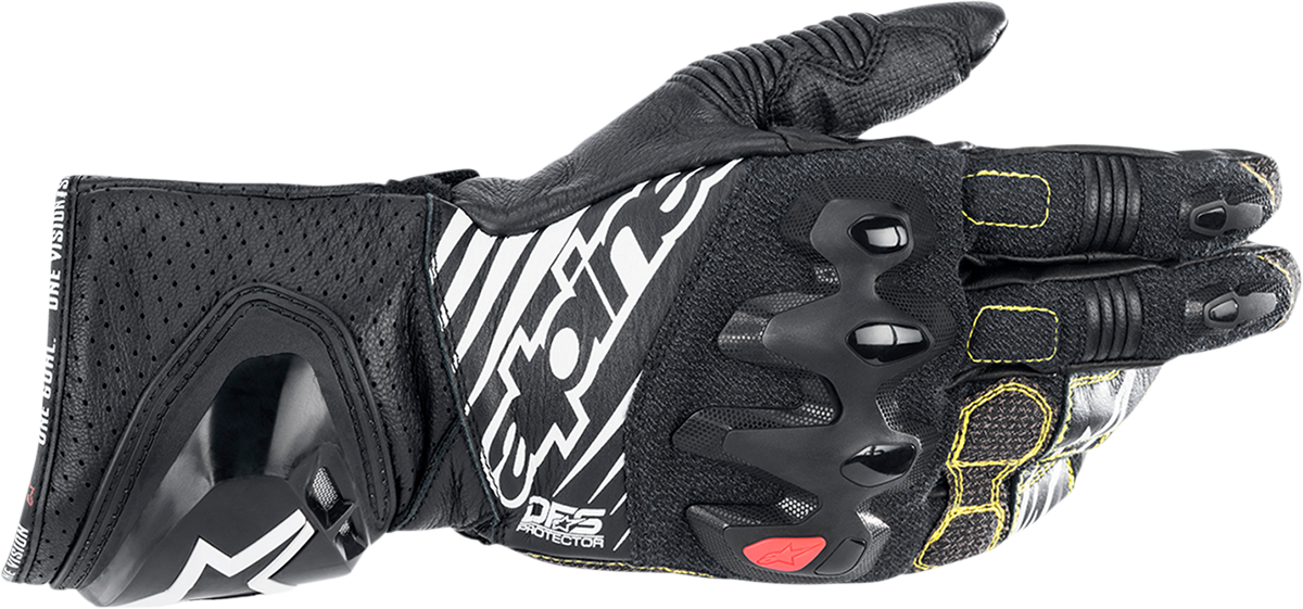 Alpinestars GP Tech V2 S motorcycle gloves in black and white, size 3XL, with reinforced knuckles and breathable material.