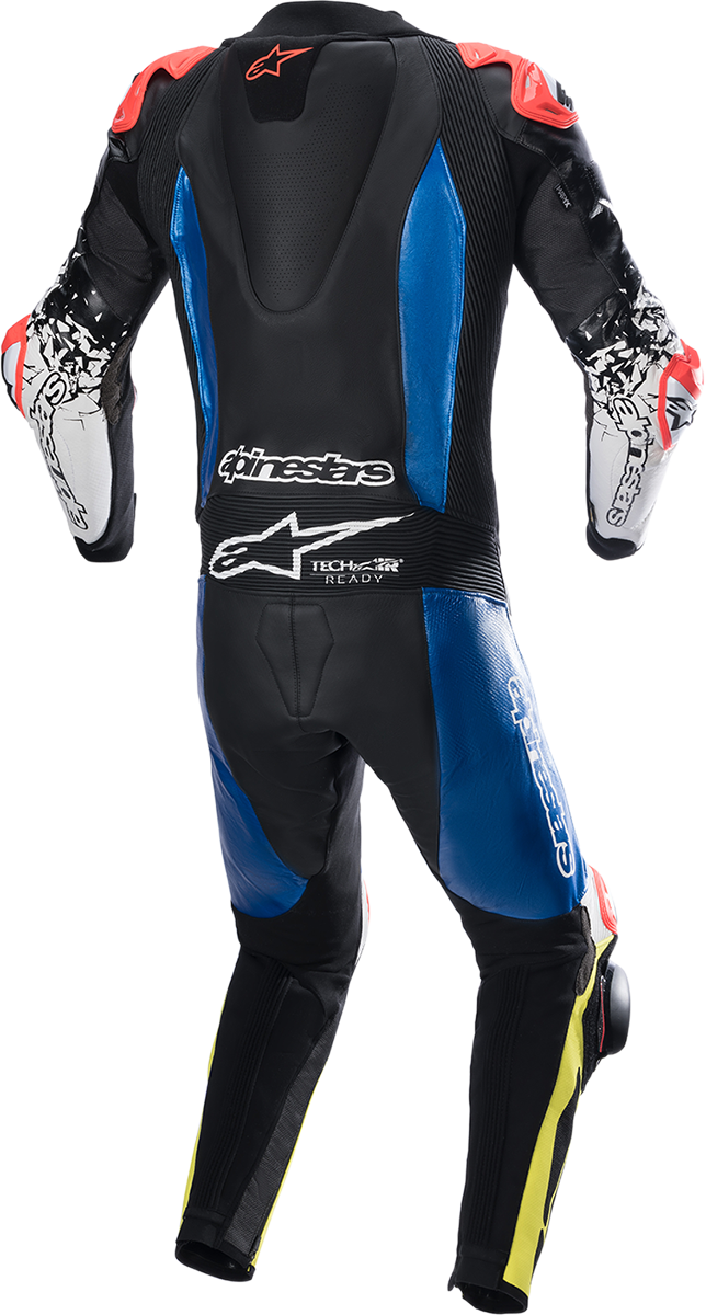 Alpinestars GP Tech v4 leather motorcycle suit in black, blue, and yellow fluo, size US 48 / EU 58, featuring protective armor.
