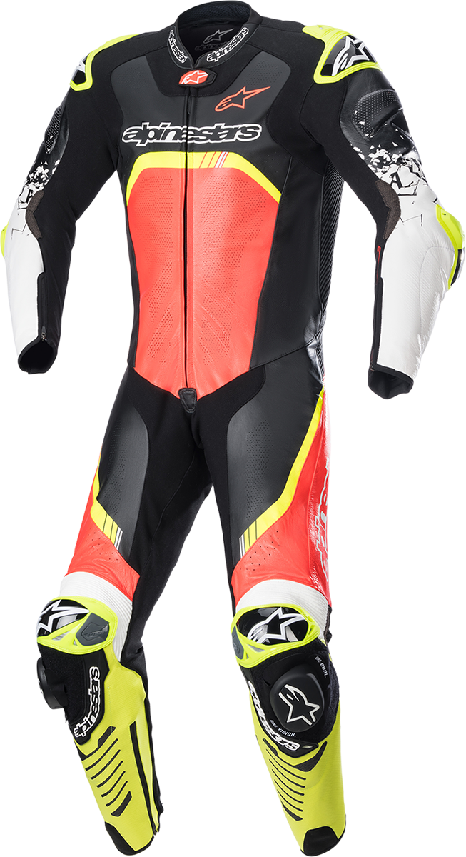 Alpinestars GP Tech v4 leather motorcycle suit in black, red, and yellow fluo, US 42 / EU 52, displayed on a hanger.
