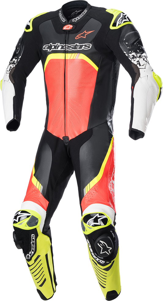 Alpinestars GP Tech v4 leather motorcycle suit in black, red, and yellow fluo, with protective padding and sleek racing design.