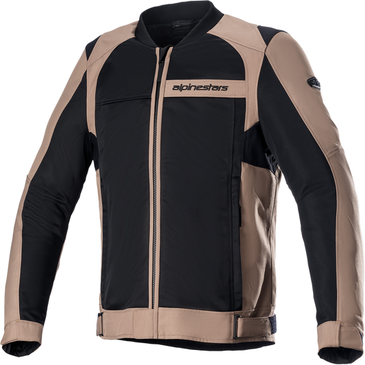 Alpinestars Luc V2 Air motorcycle jacket in brown and black, medium size, with Tech-Air® compatibility, displayed on a hanger.