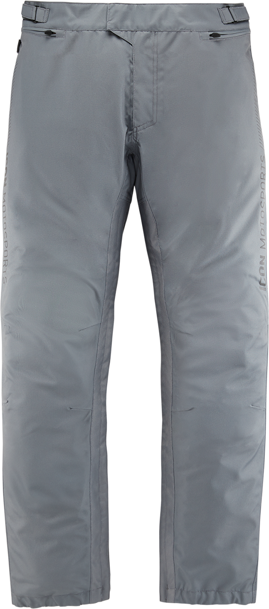 ICON PDX3 waterproof overpant with D30 impact protectors in gray, large size, designed for motorcycle riding and protection
