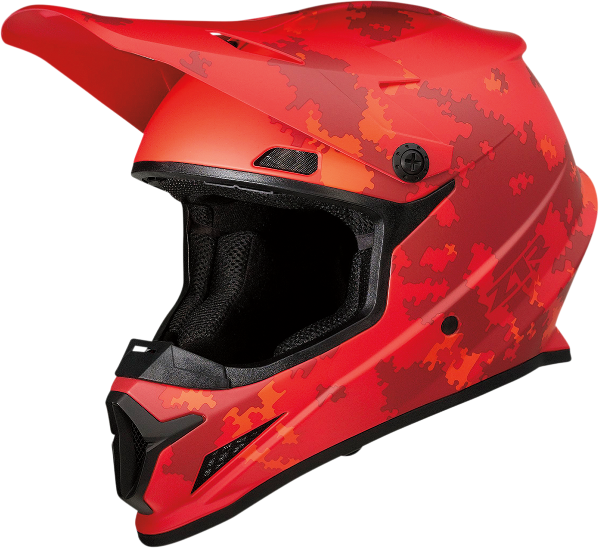 Z1R Rise helmet in Digi Camo Red 2XL with enhanced ventilation and removable liner, showing the helmet's design and features.