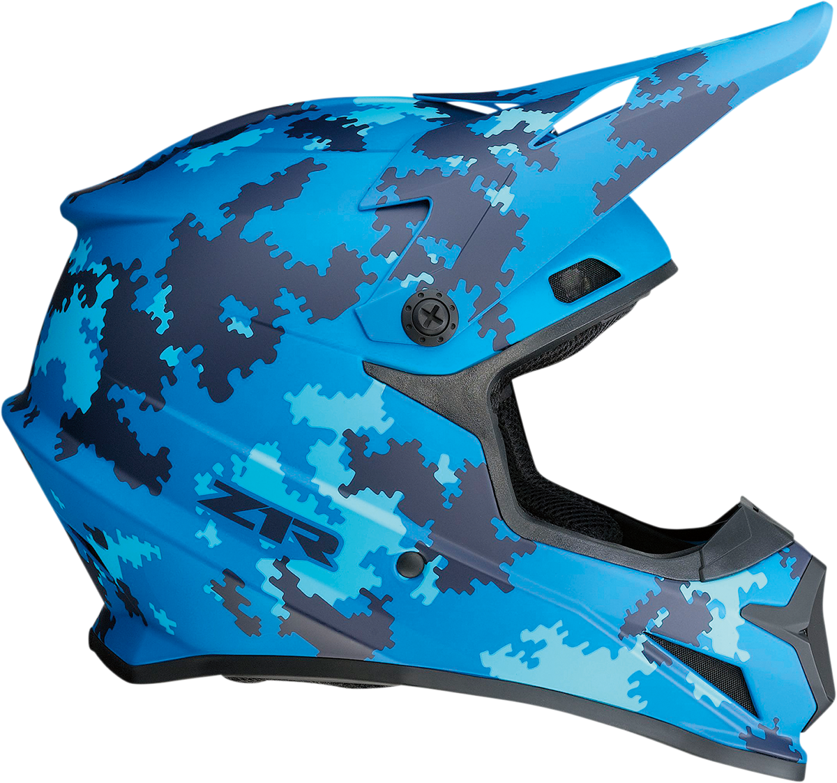 Z1R Rise helmet in digi camo blue with XL size, featuring a sleek motorcycle helmet design and vibrant camouflage pattern.
